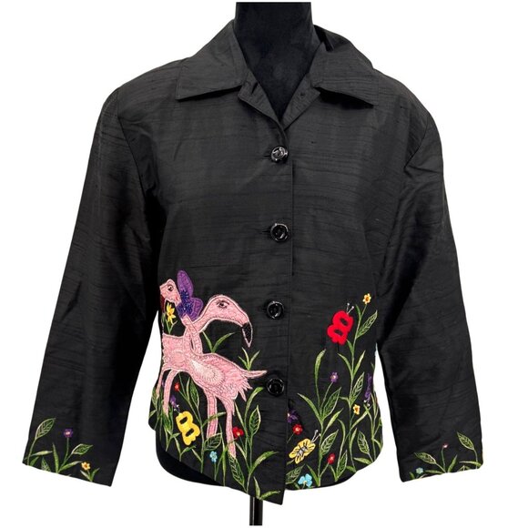 Vtg Tunique Nights Silk Jacket Women S Embroidered Black Flamingo Novelty Button - Picture 1 of 7